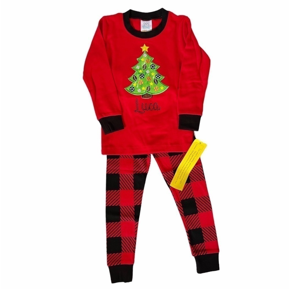 Christmas tree sports theme red long sleeve plaid pajama set personalized “Luca”